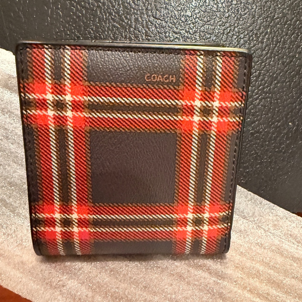 Coach Red and Black Plaid Leather Money Clip Wallet - Coach